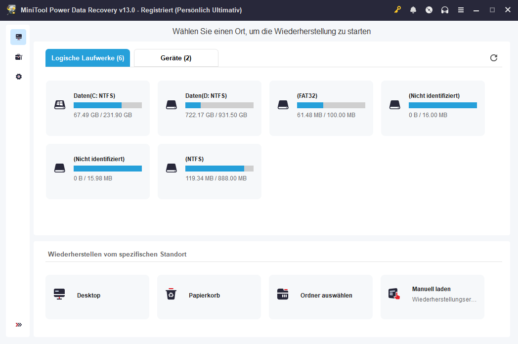 MiniTool Power Data Recovery 13.0 – Hauptfenster mit Laufwerksauswahl (deutsche Version)